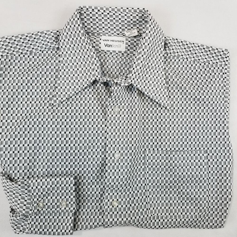 Vintage Van Heusen Shirt Mens 16.5 32/33 Gray Check VanKnit Triacetate 70s Disco